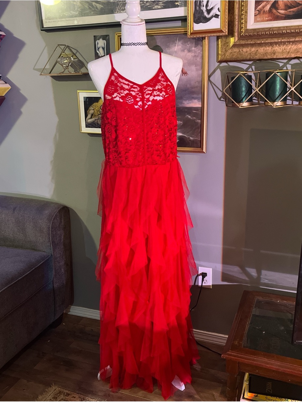 Candalite Red Ruffled Tulle Lace Sequin Evening Gown